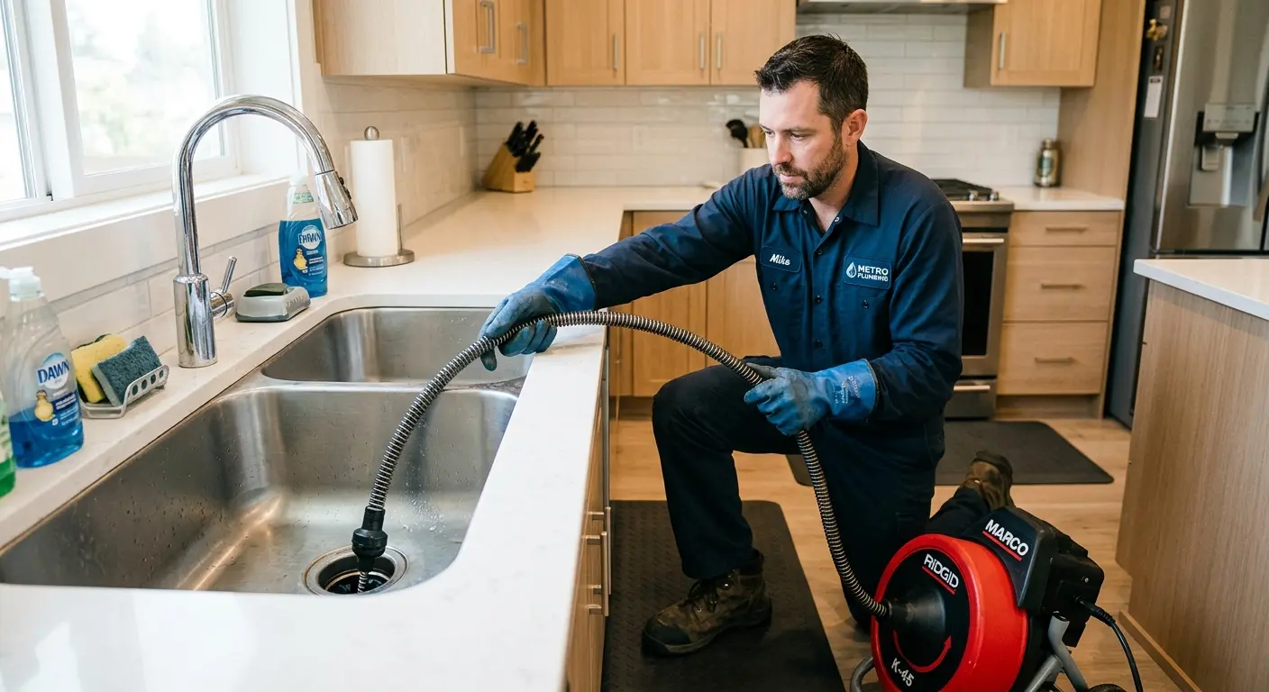 Drain cleaning technician using a motorized snake on a kitchen sink in Grosse Ile