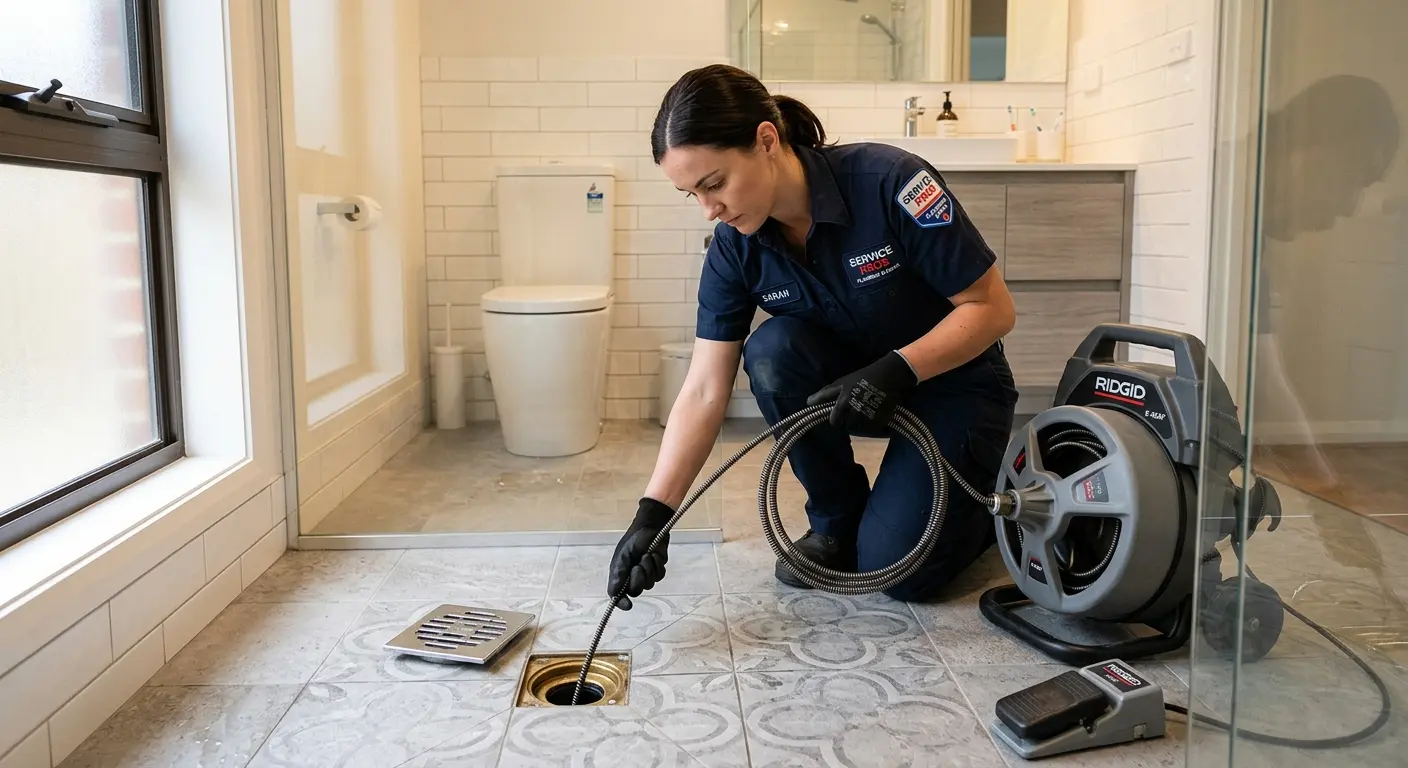 Technician clearing a bathroom floor drain for Drain Repair in Grosse Ile